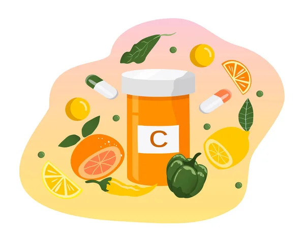 Vitaminler Diyet Takviyeleri Konularında Vektör Çizimi Vitamini Onu Içeren Yiyecekler — Stok Vektör