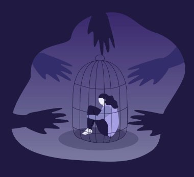  vector illustration on the theme of anxiety, fear, bullying. girl sits in a cage, hugging her knees. many hands reach out to her from the darkness. trend illustration in flat style clipart