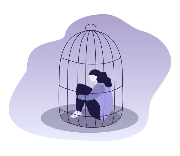 Ilustracja Wektorowa Temat Samotności Izolacji Depresji Dziewczyna Siedzi Klatce Ściska — Wektor stockowy