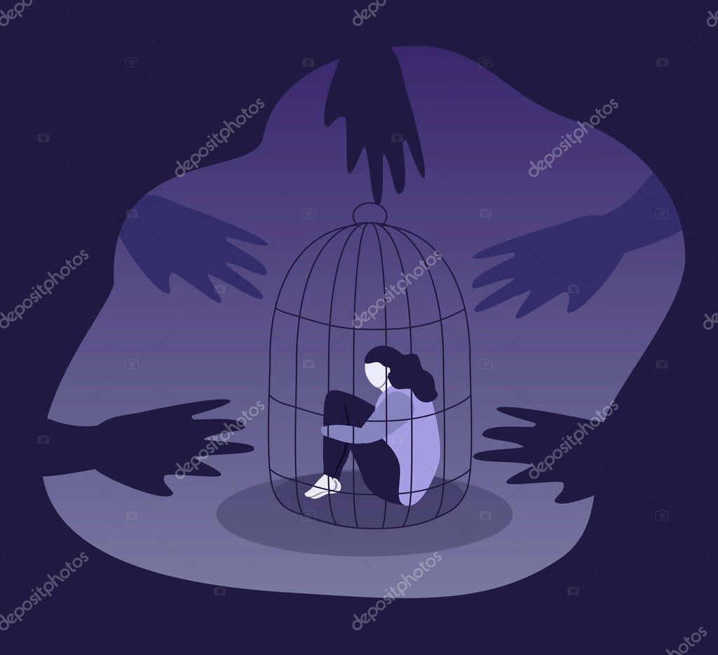 Vector illustration on the theme of anxiety, fear, bullying. girl sits in a cage, hugging her knees. many hands reach out to her from the darkness. trend illustration in flat style