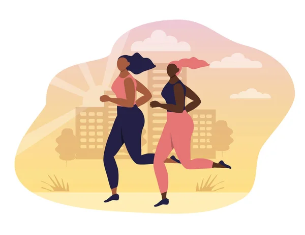 ベクトルハンドイラスト 2人の若い暗い肌の女の子が市内で午前中にジョギング フラットスタイルのトレンドイラスト — ストックベクタ