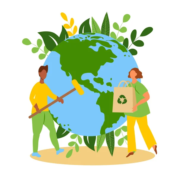 Vector Hand Drawn Illustration Theme Ecology Man Woman Cleaning Planet — Stock Vector