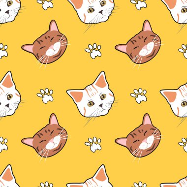  Sevimli vektörsüz desenli, el çizimi farklı kediler, pençeler, saf çocuksu süsler. Kumaş, giysi, ambalaj kağıdı, çocuk odası için duvar kağıdı, bebek eşyaları.