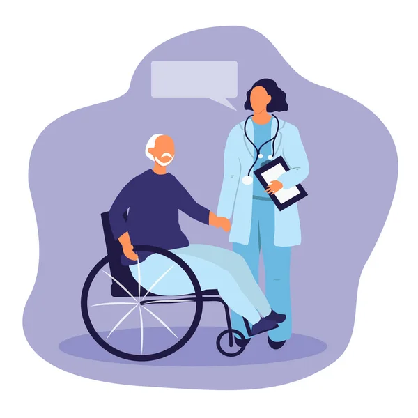 一个坐轮椅的老人在和医生说话 手工画图 扁平画图 — 图库矢量图片