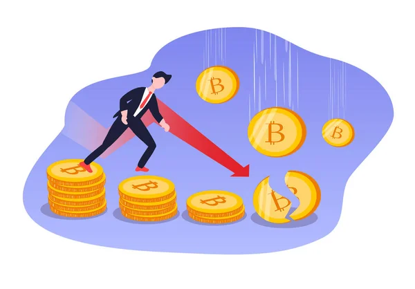 Vektorové Ručně Kreslené Ilustrace Klesající Bitcoinové Rychlosti Bitcoin Crash Mince — Stockový vektor