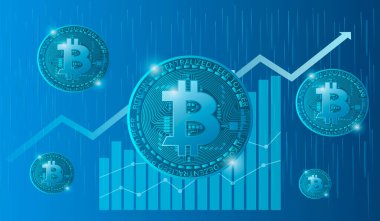  Vektör illüstrasyon, sitenin şifreli para teması için pankart, engelleme teknolojileri. Mavi arkaplandaki bitcoin resmi.