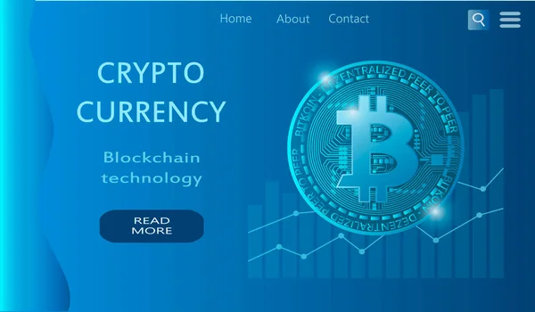  Vektör illüstrasyon, sitenin şifreli para teması için pankart, engelleme teknolojileri. Mavi arkaplandaki bitcoin resmi.