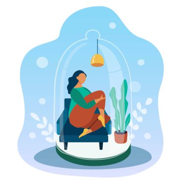  Bir salgın sırasında güvenlik teması üzerine vektör çizimi. Bir kız cam bir örtünün altında koltukta oturuyor. Moda düz biçim illüstrasyonu