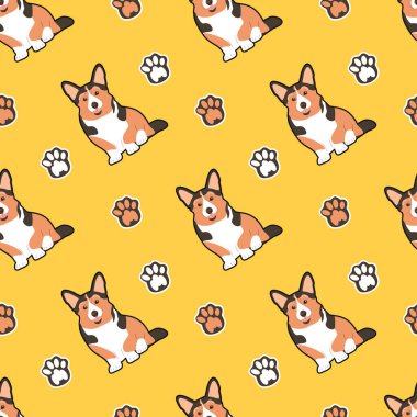  Korgi köpekleri ve sarı arka planda pençeleri olan sevimli, pürüzsüz vektör deseni. Kumaş, giysi, ambalaj kağıdı, web siteleri ve uygulamalar için arkaplan