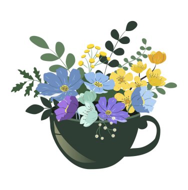  Vektör el çizimi - çay için bir fincanda çiçekler. Yaz temalı bir resim, çiçekler, çiçekçiler. Web siteleri, uygulamalar ve dergiler için eğilim düz illüstrasyon