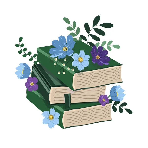Vektor Kézzel Rajzolt Illusztráció Egy Halom Könyvet Virágot Nyári Hangulat — Stock Vector