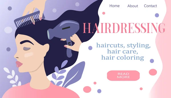ヘアケアをテーマにしたベクターイラスト ウェブサイトのバナー 髪の毛の女の子の頭髪の毛と櫛を持って手 フラットスタイルのトレンドイラスト — ストックベクタ