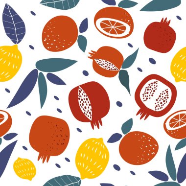  Nar meyveleri, lemolar, portakallar ve yapraklarla kusursuz bir desen. kumaş, kağıt, kıyafet üzerine yazdırmak için düz bir kalıp