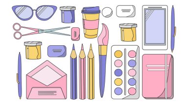  Vektör illüstrasyon - yaratıcılık, sanat, kırtasiye (boyalar, defter, kalemler) için bir dizi öge. düz, özet biçiminde resimleme eğilimi