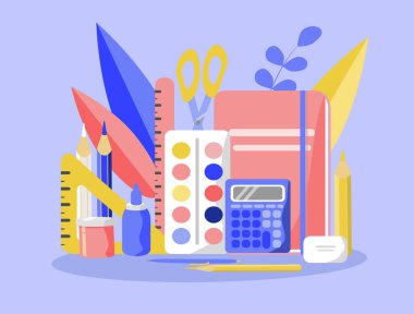  Vektör illüstrasyon - yaratıcılık, kırtasiye (tükenmez kalemler, cetvel, makas, yapıştırıcı, boya, defter, kalem) için bir dizi öge. düz, özet biçiminde resimleme eğilimi