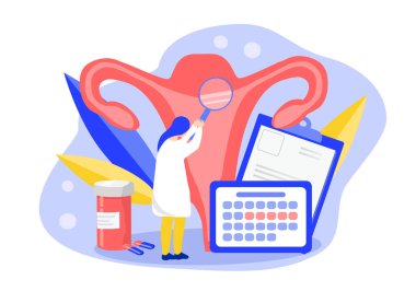  Jinekoloji konulu vektör illüstrasyonu, kadın üreme sisteminin sağlığının incelenmesi. Rahim, doktor, haplar, takvim. Düz biçimdeki resimleme eğilimi
