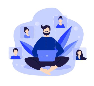  Video görüşmeleri, online konferans, internet iletişimi konulu vektör illüstrasyonu. Erkeğin karakteri birkaç kadına video görüşmeleri yapıyor. Düz biçimdeki resimleme eğilimi
