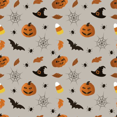  Cadılar bayramı temasında kabaklar, örümcekler, örümcek ağları, cadı şapkaları ve sonbahar yapraklarıyla kusursuz bir şekil. Kumaş ve ambalaj kağıdı üzerine baskı için düz biçimli desen