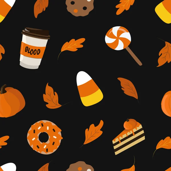 Vektor Zökkenőmentes Minta Téma Halloween Sütőtök Nyalókák Fánkok Sütemények Őszi — Stock Vector