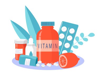  Mevsimsel soğuk algınlığı, soğuk algınlığı, tedavi, eczane teması üzerine vektör çizimi. Bir şişe vitamin, tablet, hap, limon. Düz biçimdeki resimleme eğilimi