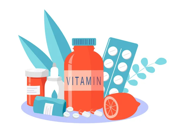  Mevsimsel soğuk algınlığı, soğuk algınlığı, tedavi, eczane teması üzerine vektör çizimi. Bir şişe vitamin, tablet, hap, limon. Düz biçimdeki resimleme eğilimi