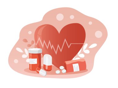  Kardiyoloji ve kalp sağlığı konulu vektör çizimi. Büyük kalp, kardiyogram, haplar ve haplar. Düz biçimdeki resimleme eğilimi