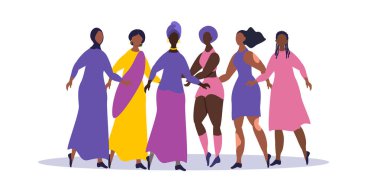  Kapsayıcılık temasının vektör illüstrasyonu, vücut pozitifliği. İnsanların çeşitliliği. Farklı ırktan kadınlar. Düz biçimdeki resimleme eğilimi