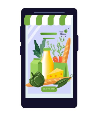  Yemek dağıtım teması üzerine vektör çizimi, çevrimiçi mağaza, İnternet üzerinden yemek siparişi, çevrimiçi market. Akıllı telefon ekranında yemek var. Düz biçimdeki resimleme eğilimi