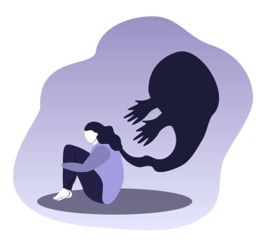  Zihinsel bozukluklar, panik ataklar, korkular konulu vektör çizimleri. Kız oturuyor, dizlerine sarılıyor, kafasından bir canavar doğuyor, bu da ellerini kendine çekiyor. Düz biçimdeki resimleme eğilimi