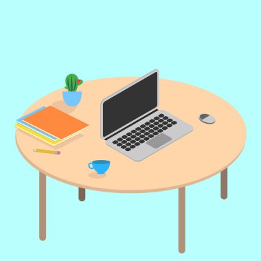 Laptop masada. Çalışma ortamı. Ofis. Vektör illüstrasyonu