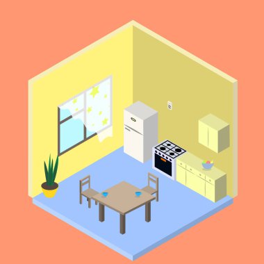 Mutfak, yemek odası. Isometric. Tasarım. Vektör illüstrasyonu.