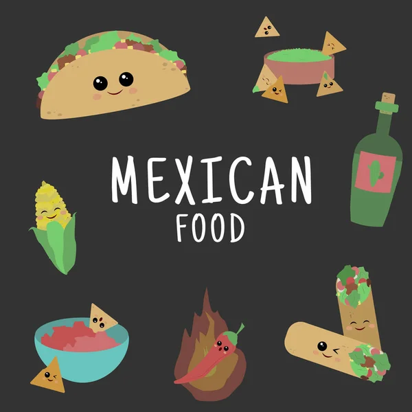 Kawaii Food Set Mexican Food Cute Tasty Vector Illustration — Stock Vector