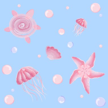 Suluboya deniz hayatı olan güzel bir set. Deniz seti. Vektör illüstrasyonu.