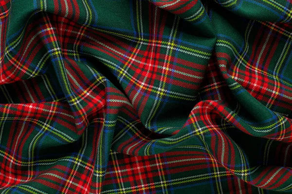 Textura Enrugado Crumpled Tecido Tartan Verde Vermelho Perto Fundo Para — Fotografia de Stock