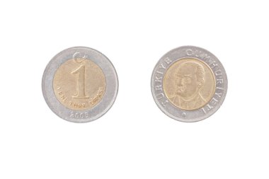 Türkiye parası. Beyaz izole arkaplanda Türk lirasi sikkesi