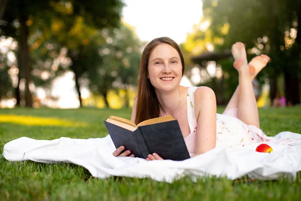 Beautiful Caucasian Girl Reads Book Lying Green Grass Mat Park Stock Photo