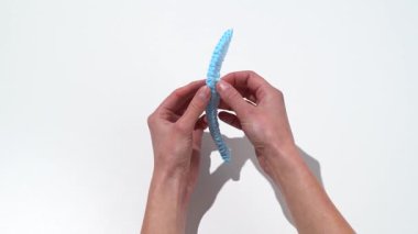 Kadın elleri, beyaz izole bir arka planda mavi şeffaf bir tıbbi saç şapkasını açar. Tek kullanımlık saç kepi kavramı doktorlar, hemşireler ve laboratuvar teknisyenleri için geçerlidir..