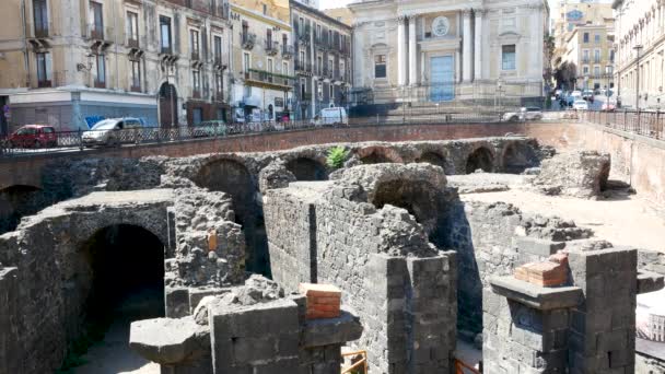 Catania Italië Het Romeinse Amfitheater Van Hogerhand — Stockvideo