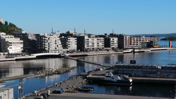 Oslo Norwegen Skyline Der Srengkaia Promenade — Stockvideo