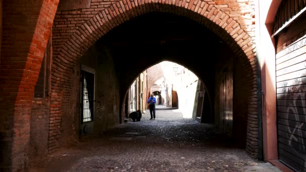 Ferrara Itálie Muž Psem Středověké Ulici Volte — Stock video