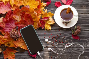 Baharatlı kahve, tarçın, karanfil ve kırmızı biber. Sonbahar düşmüş akçaağaç yaprakları ve ahşap bir arka planda telefon.