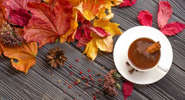 Baharatlı kahve, tarçın, karanfil ve kırmızı biber. Ahşap arka planda sonbahar akçaağaç yaprakları. Pankart.