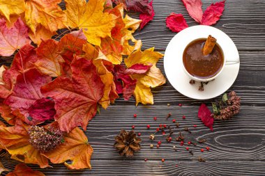Baharatlı kahve, tarçın, karanfil ve kırmızı biber. Ahşap arka planda düşen sonbahar akçaağaç yaprakları.