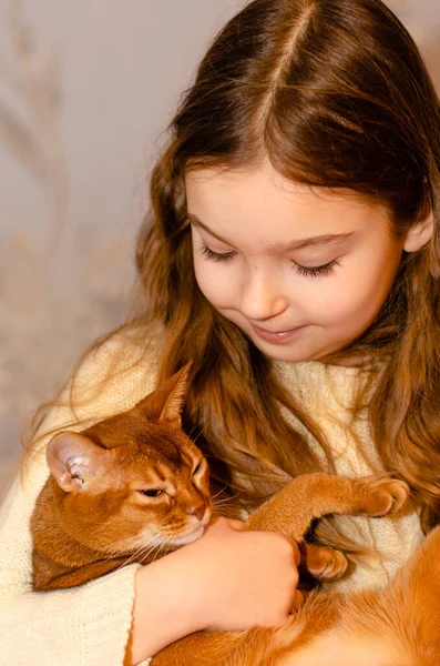 Una niña de 7 años con el pelo largo y rubio jugando con un gato en casa en el sofá. Concepto de mascotas y niños. — Foto de Stock