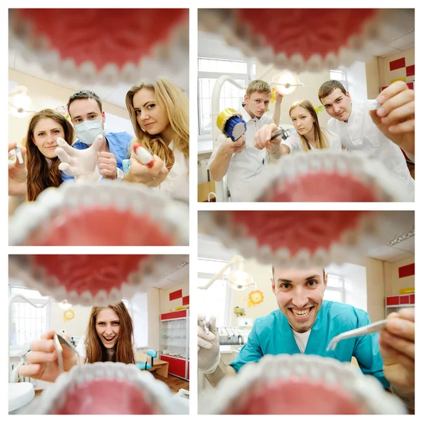 Widok z jamy ustnej u dentysty. Praktyki studentów Dentyści w dentysta — Zdjęcie stockowe