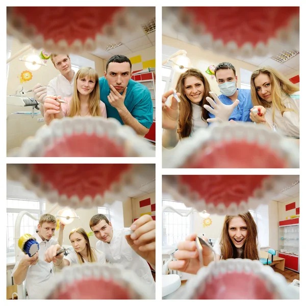 View from a dentist mouth. Students dentists practice in dentist — Stock Photo, Image