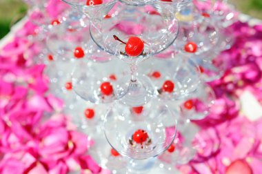 Pembe yapraklardan oluşan bir arka planda şampanya slaytı