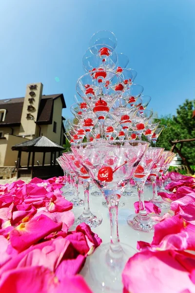 Skluzavka šampaňského na pozadí růžových okvětních lístků růží — Stock fotografie