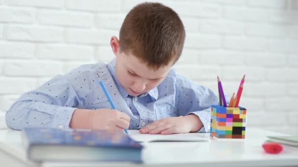 Cansado de las actividades escolares, el niño escribe en un cuaderno y se acuesta para descansar sobre la mesa. — Vídeos de Stock