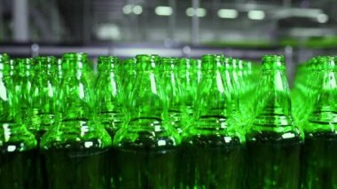 Bira fabrikasında bira doldurmak için sıra. Boş yeşil cam şişeler bira fabrikasında kuyrukta konveyör bandında hareket ediyor..